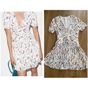 Maje White Rasion Pleated V-Neck Floral-Print Mini Dress